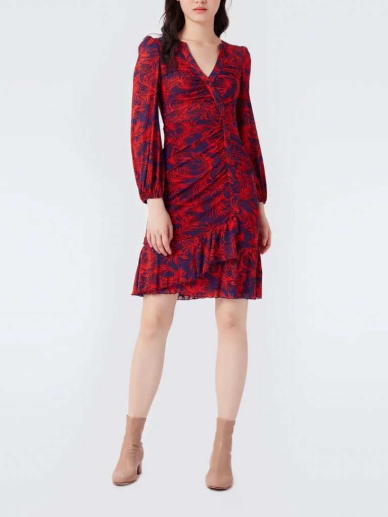 $398 Diane Von Fustenberg Blue Red Floral Wrap Rio Ruched Fitted Dress Size Xxs